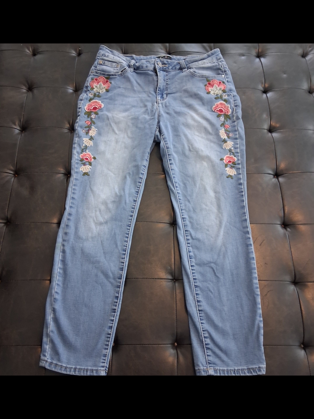 Earl Jeans Light Blue Straight Leg Jeans with Pink Floral Embroidery